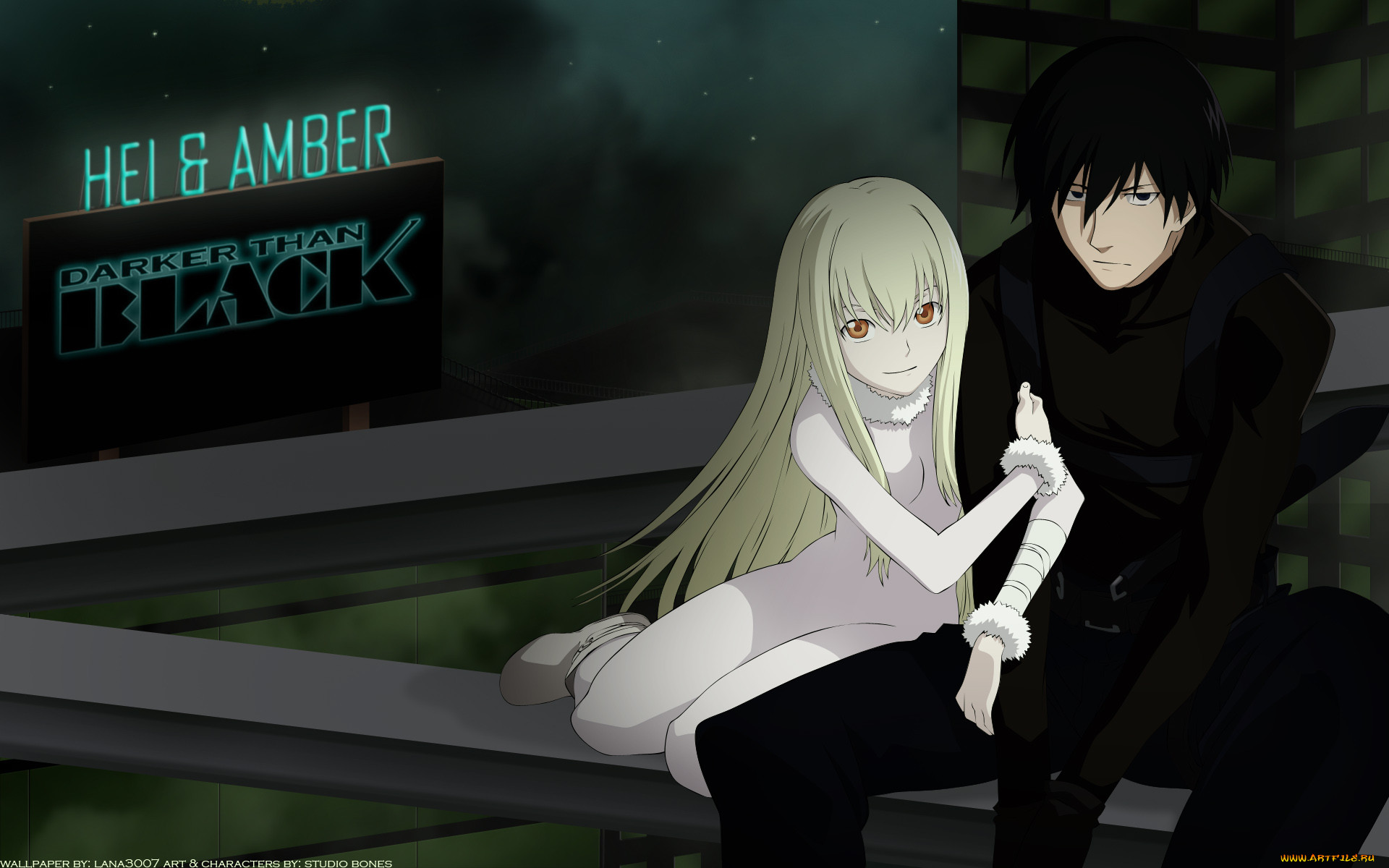 Обои Аниме Darker than Black, обои для рабочего стола, фотографии аниме,  darker than black, hei, amber, мужчина, девушка, крыша, город, здания, ночь,  вывеска Обои для рабочего стола, скачать обои картинки заставки на